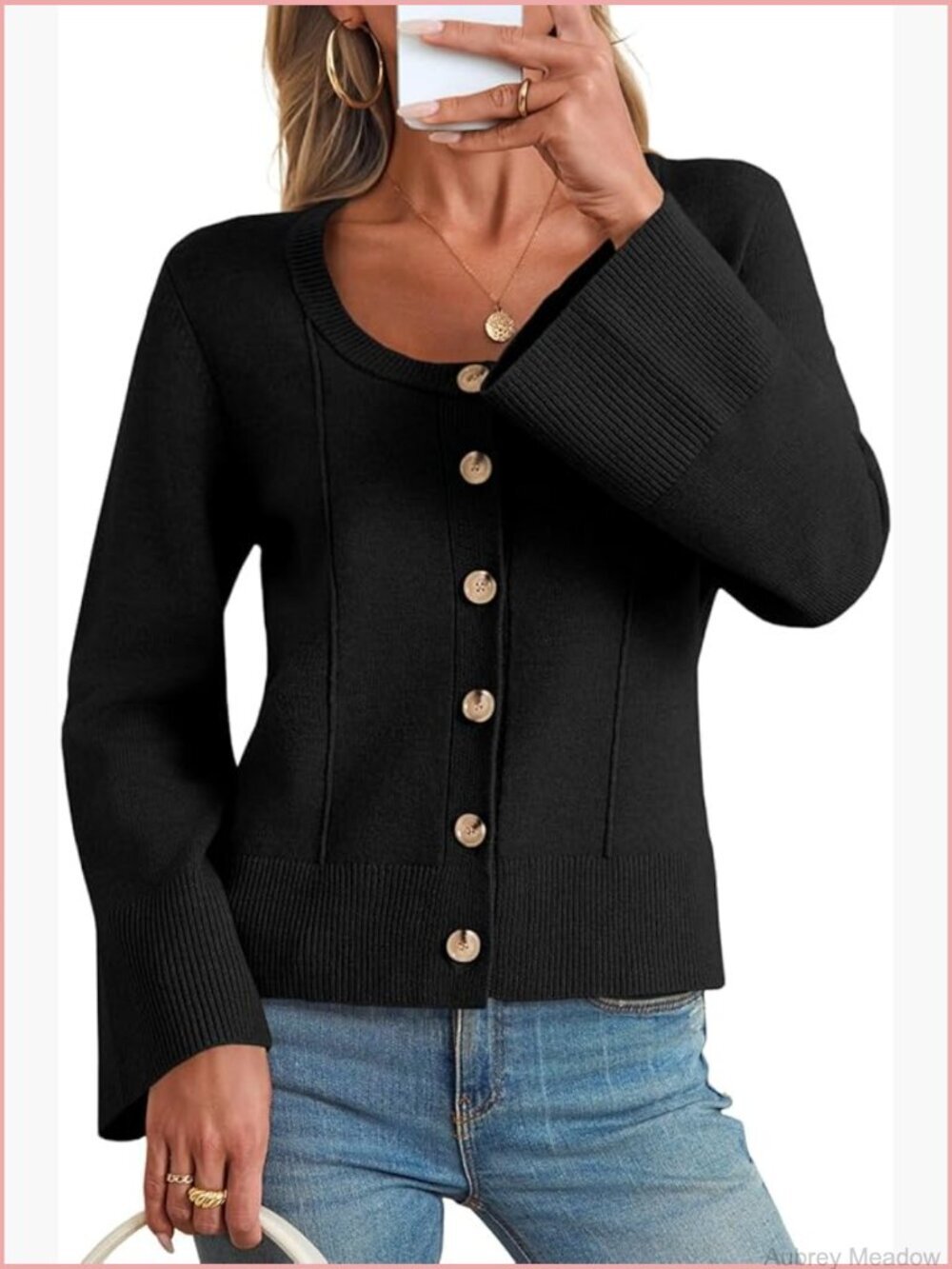 Bell Sleeve Cardigan Sweater Button Down Long Sleeve Knit Outwear